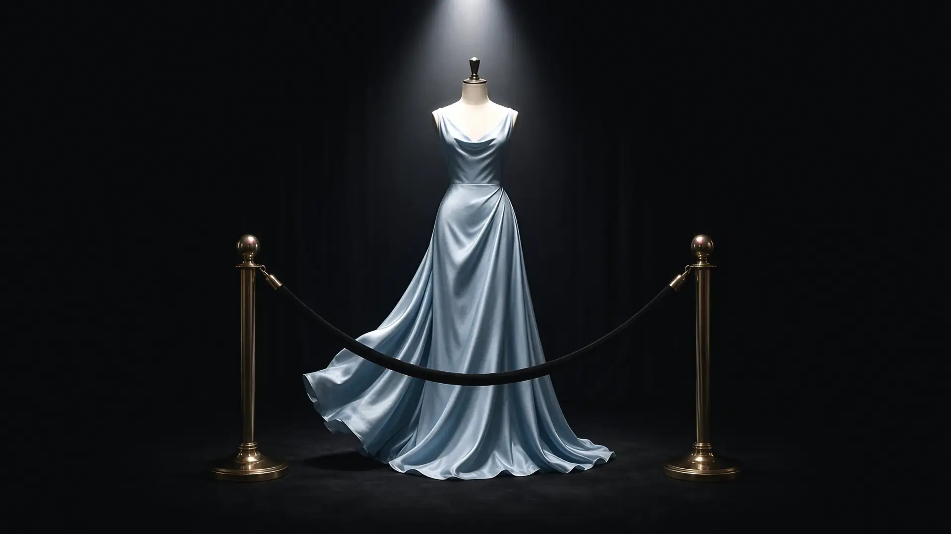 Illustration of a baby-blue gown on a dress form under a spotlight behind a velvet rope, for Academy Museum Gala 2026 red carpet coverage