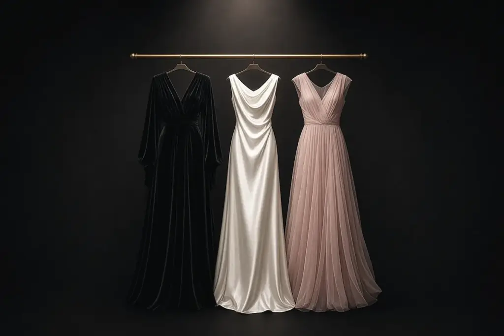 Illustration of black, white and pastel gowns on a clothing rail, reflecting the Academy Museum Gala 2026 color story