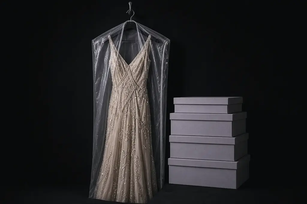 Illustration of a vintage gown and archival boxes, nodding to the vintage looks at the Academy Museum Gala 2026