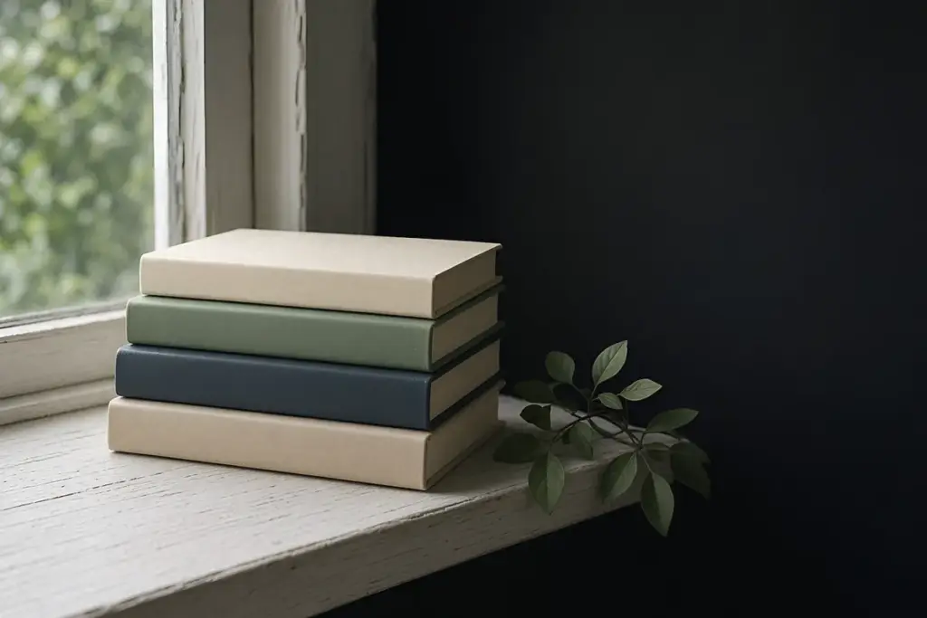 A short stack of four plain unbranded books on a windowsill, a reading list of Anne Carson books