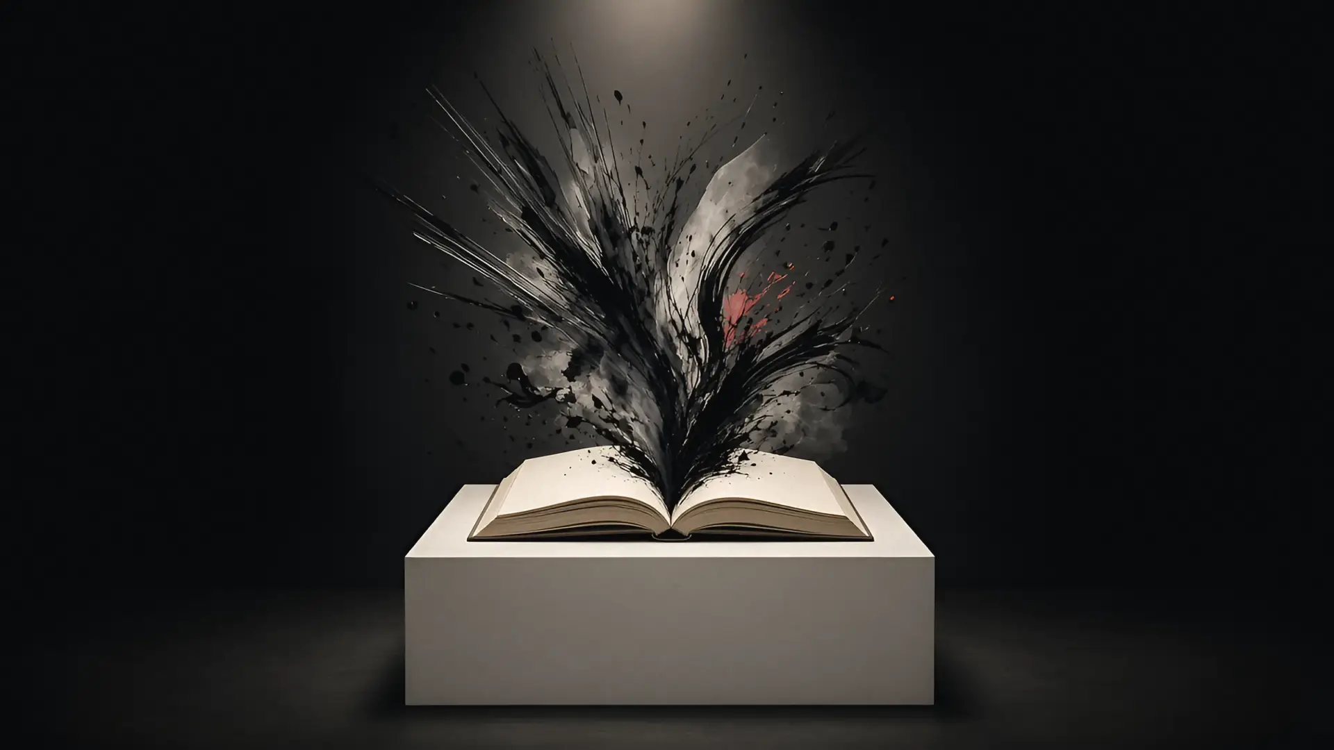 Black ink speed lines and splashes burst from an open book on a white gallery plinth, an illustration for the Art of Manga Brooklyn Museum exhibition