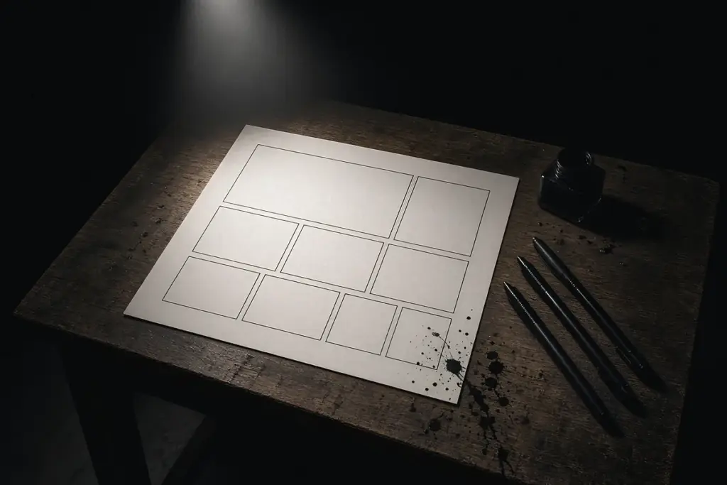 A drafting table with brush pens and blank manga panels, inspired by the Art of Manga Brooklyn Museum show