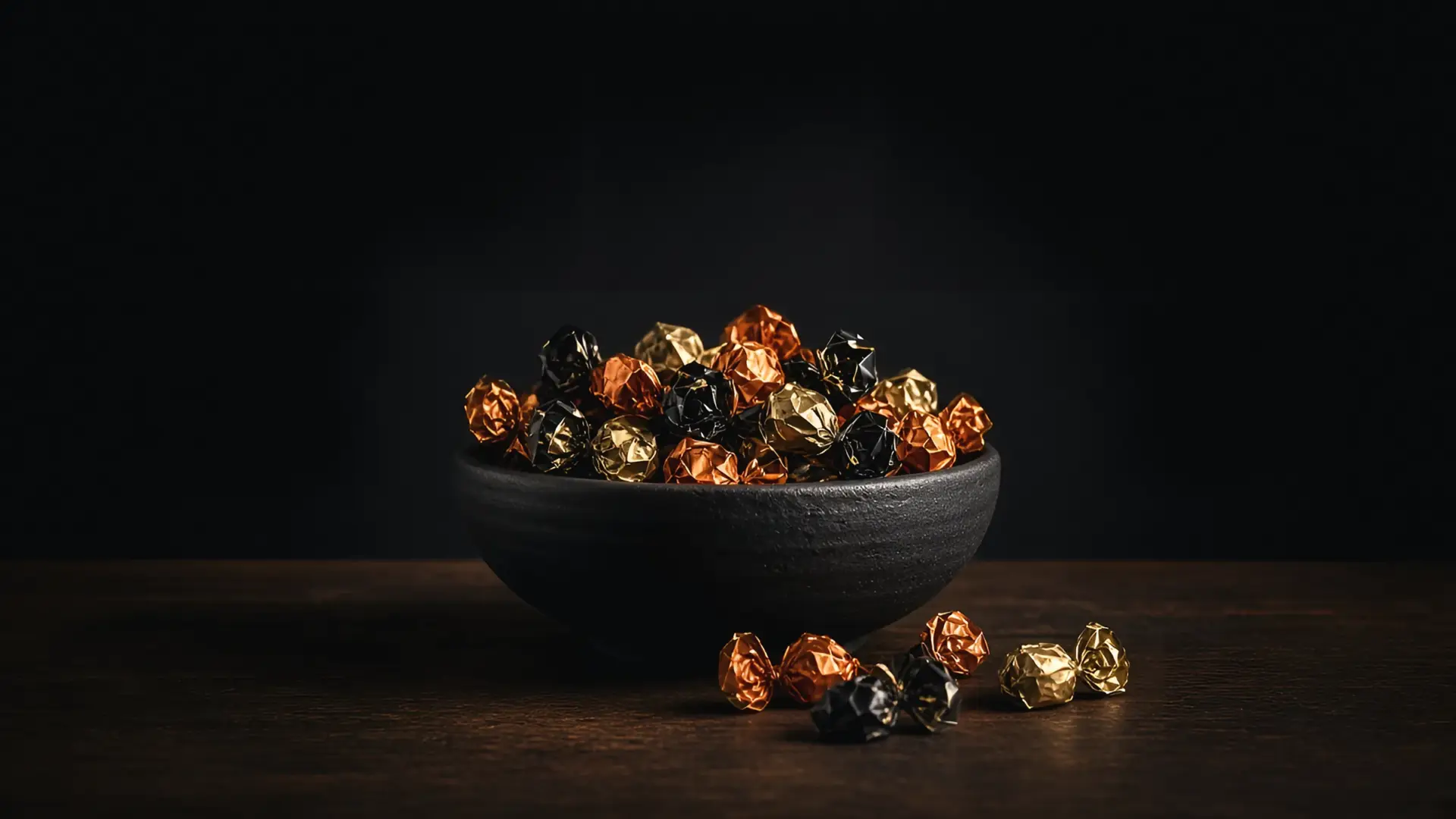 A black ceramic bowl of unbranded candies wrapped in orange, black and gold foil, our pick of the best Halloween candy