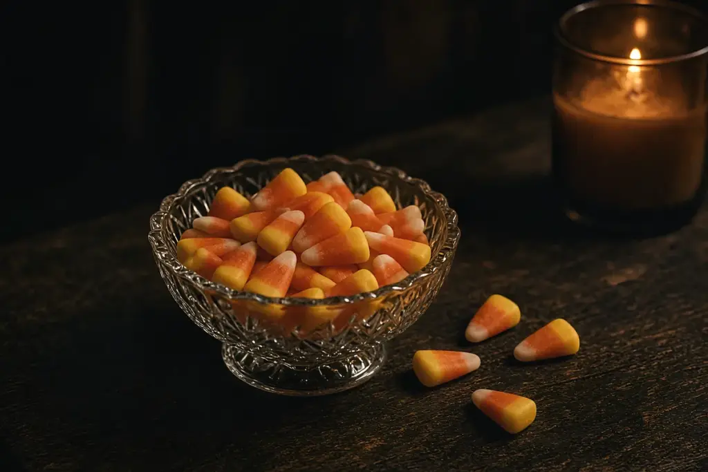 A small glass dish of tricolor candy corn on a wooden table, a divisive pick for best Halloween candy