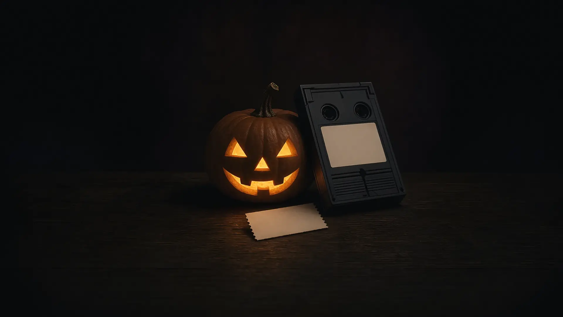 A carved pumpkin beside a VHS tape with a blank label and a cinema ticket, for the best Halloween movies