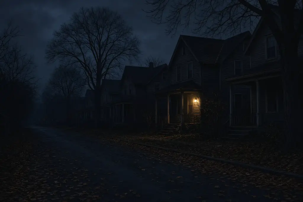 An empty suburban street at dusk with a single lit porch, evoking the best Halloween movies of the 1970s