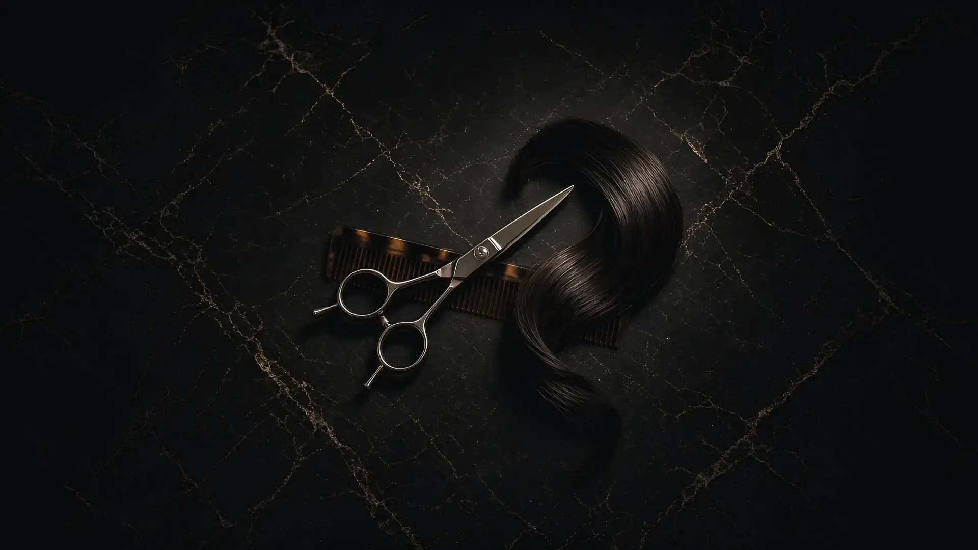 Illustration of salon scissors and a comb crossed on a marble counter beside a single swept lock of hair, for a guide to the bob haircut