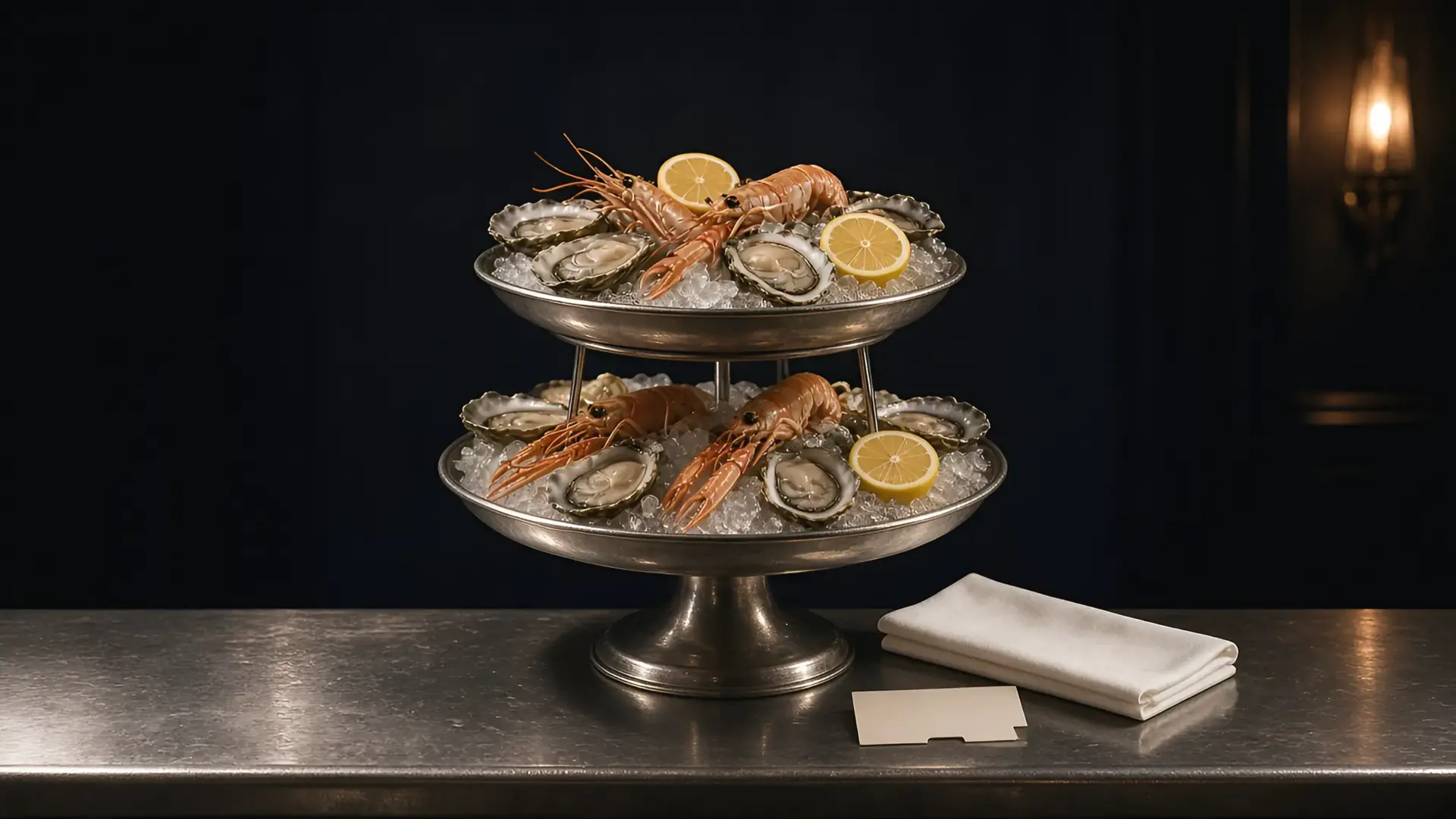A seafood tower on a zinc bar beside a theater ticket stub, for Brasserie Boulud at Lincoln Center