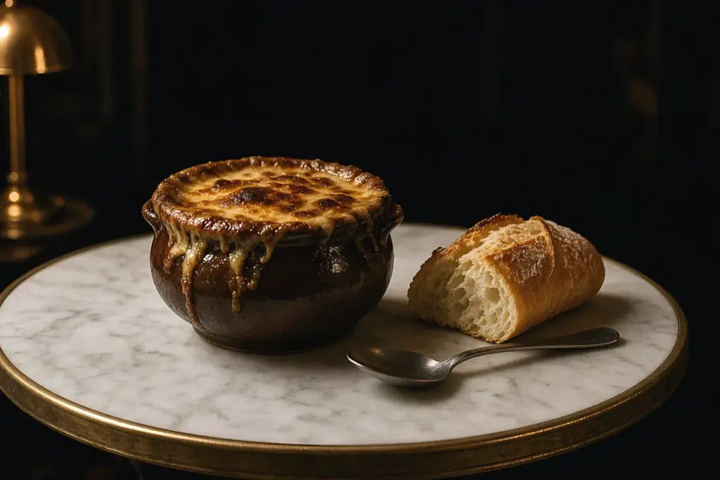 A crock of French onion soup with browned cheese on a marble table, in the spirit of Brasserie Boulud