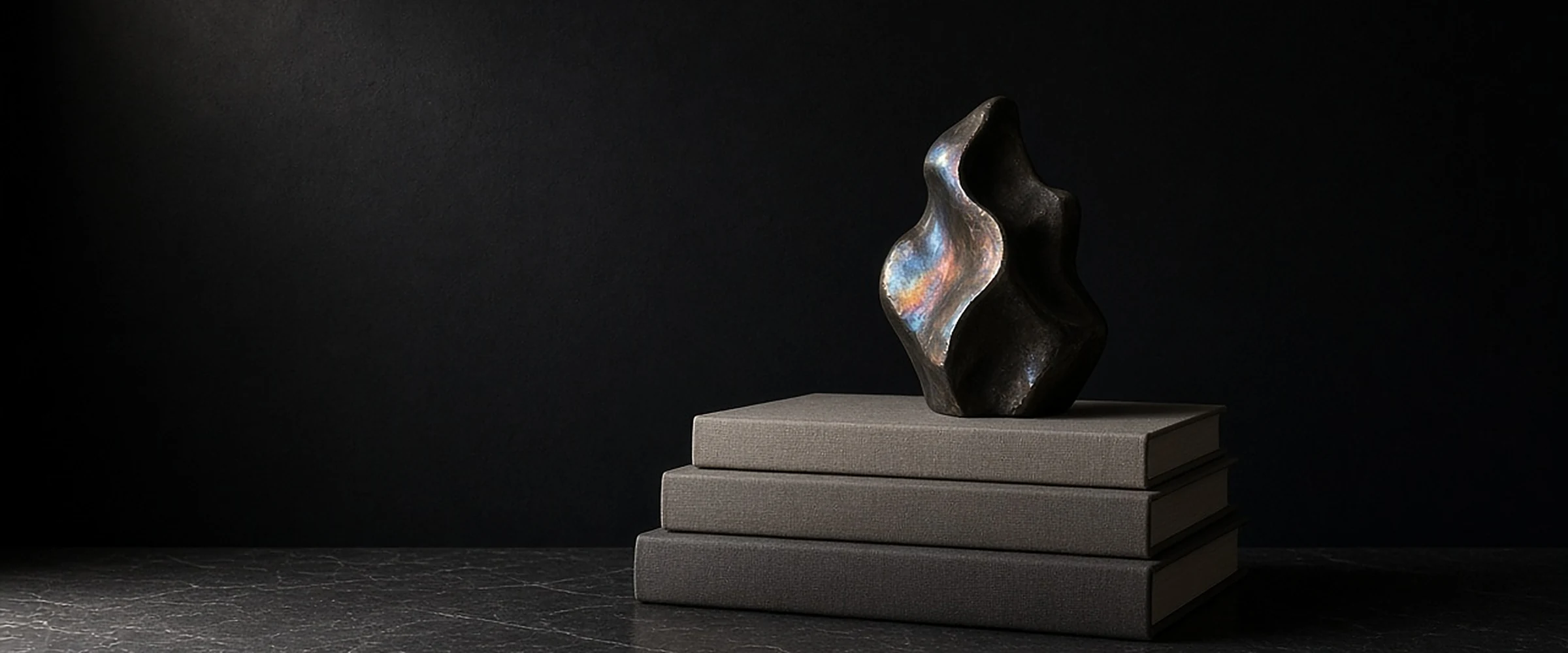 A dark bronze abstract sculpture resting on a stack of plain cloth-bound books on a stone ledge.