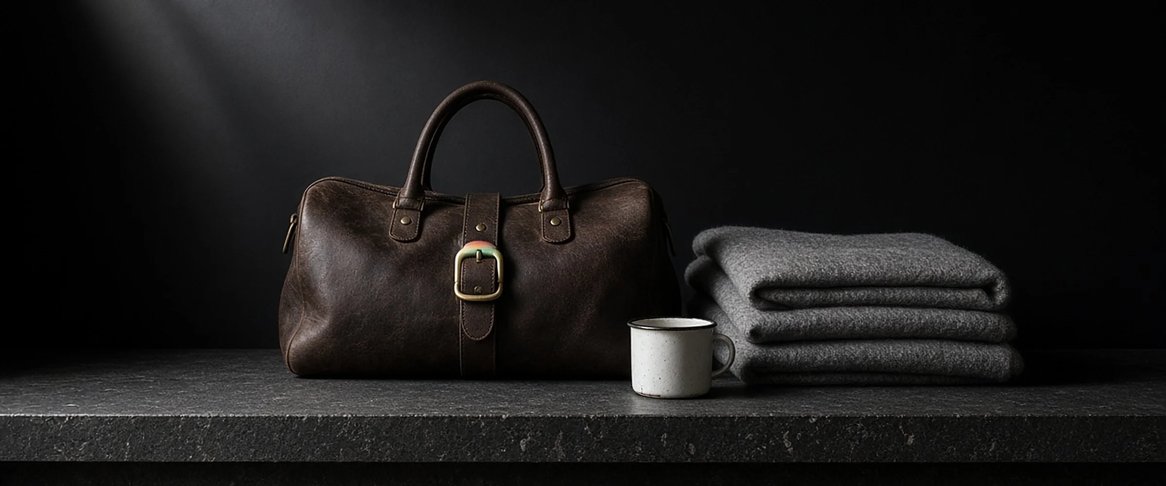 A worn leather weekender bag, an enamel cup and a folded wool blanket on a dark stone ledge.