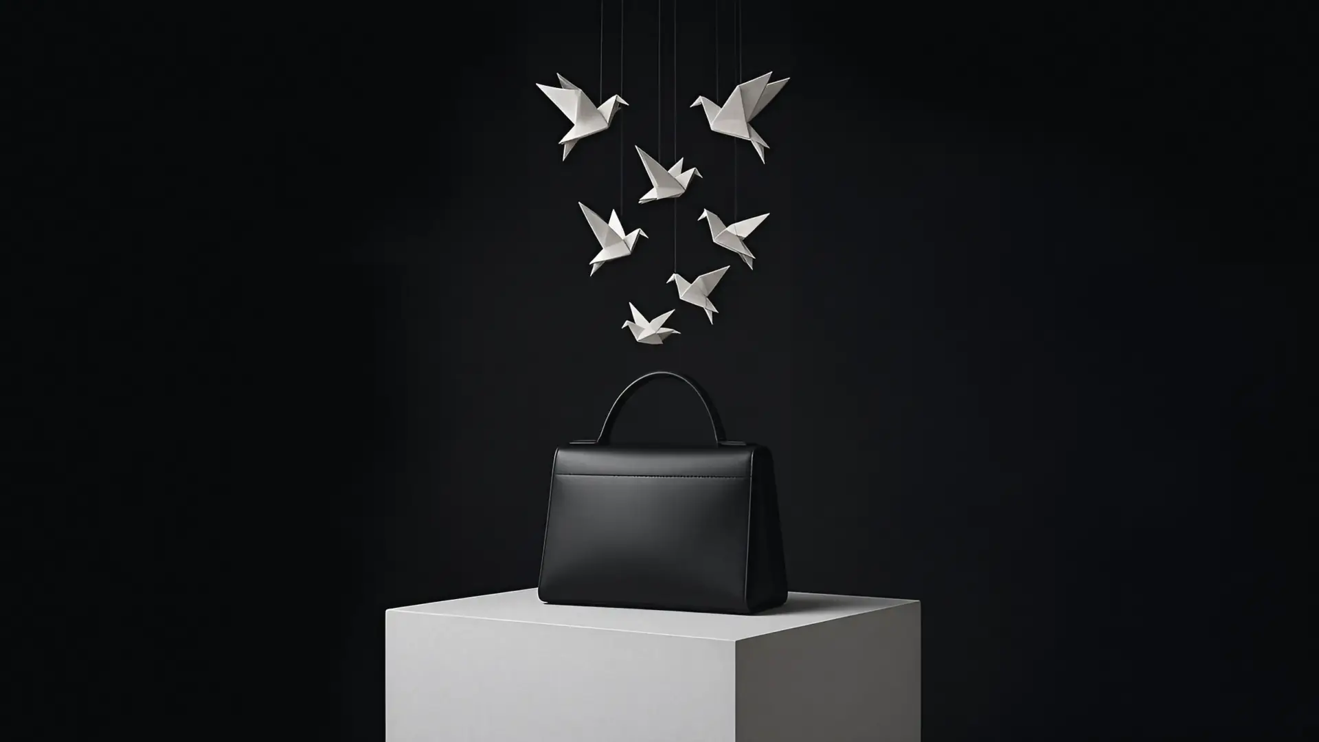 A mobile of white paper birds hangs above a black leather handbag on a white plinth, an illustration for the Chanel spring 2027 show and its flock of birds