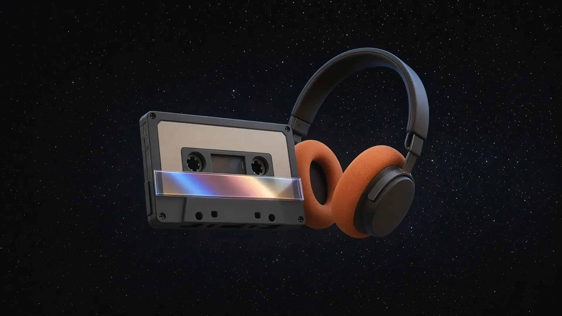 A cassette tape and retro headphones floating against a starfield, a nod to Star-Lord as played by Chris Pratt