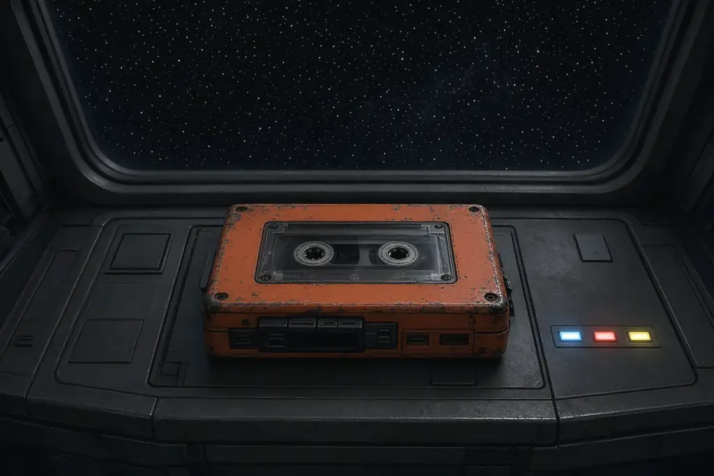 A worn orange cassette player resting on a ship console with stars outside the window