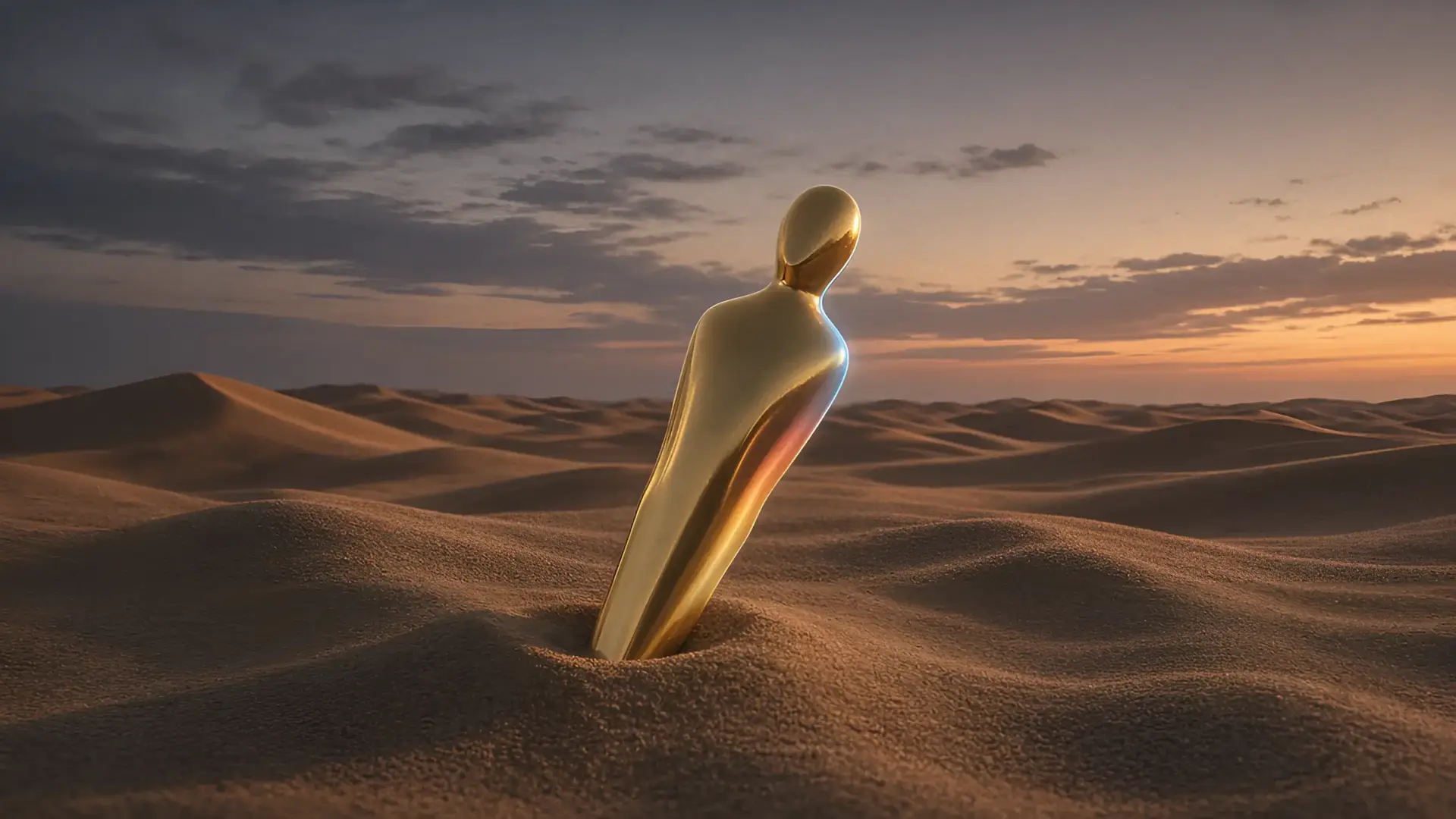 Dune Part Three Oscar illustration of a gold statuette silhouette half buried in rippled desert sand at sunset