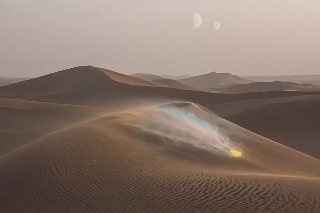 Wind blowing sand across dunes under a pale double moon
