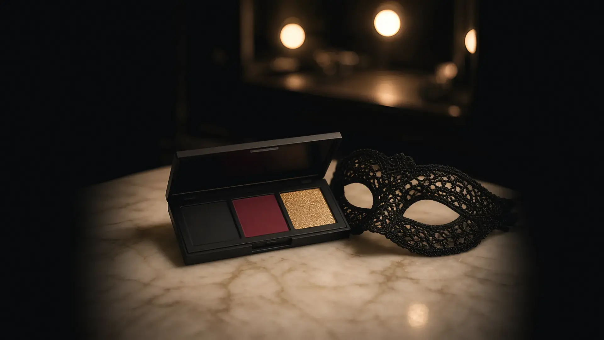 Illustration of a makeup palette with black, red, and glitter pans beside a small mask on a vanity, for easy Halloween makeup