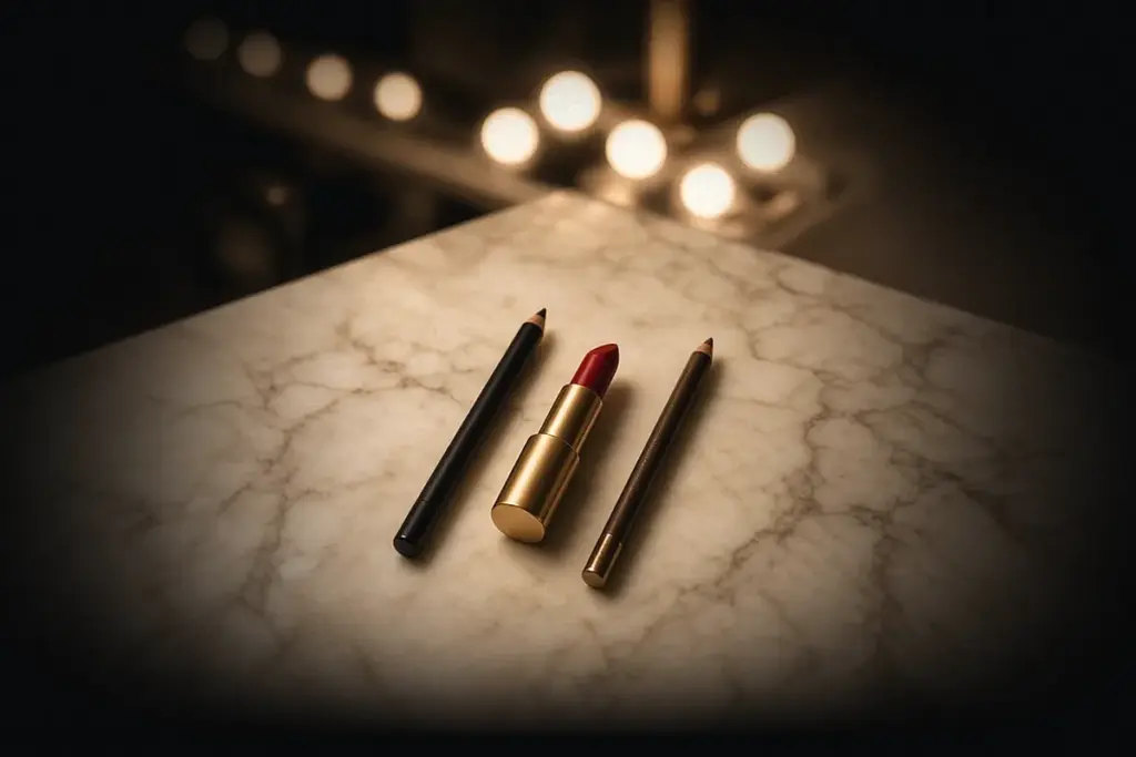 Illustration of an eyeliner pencil, red lipstick, and brow pencil laid out for easy Halloween makeup