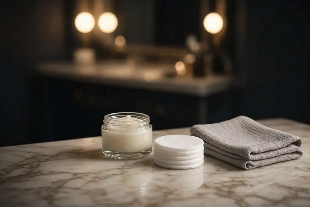 Illustration of cleansing balm, cotton pads, and a folded cloth for removing easy Halloween makeup