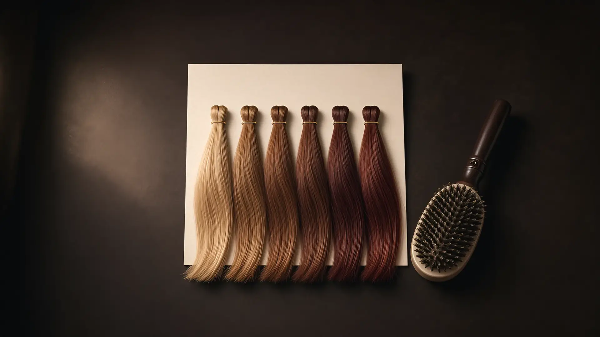 Illustration of hair swatches from honey to copper pinned on a card beside a round brush, for a guide to fall 2026 hair trends