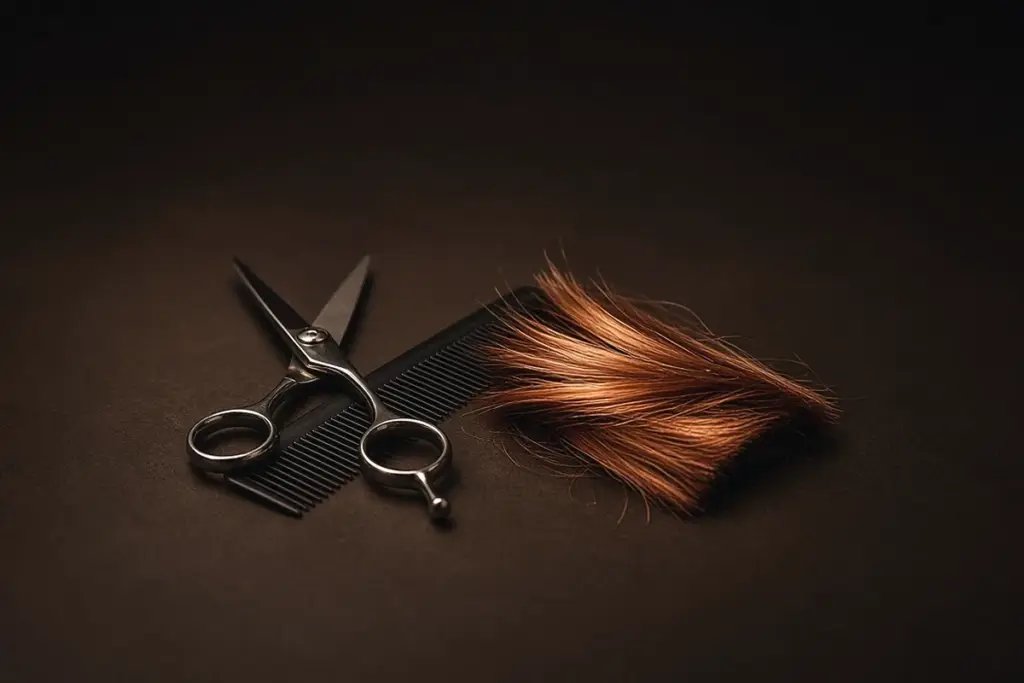 Illustration of salon scissors, a comb and a short lock of hair, suggesting the bobs and bangs of fall 2026 hair trends