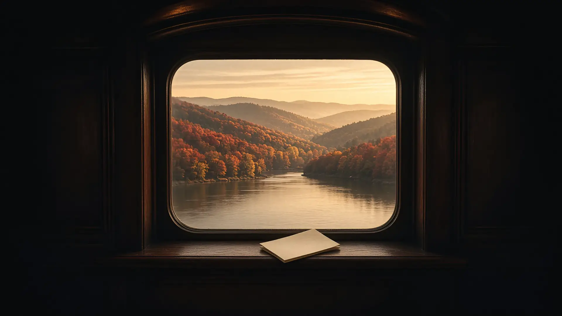 Illustration of fall foliage near NYC seen from a train window, red and gold hills above a wide river with a paper ticket resting on the sill