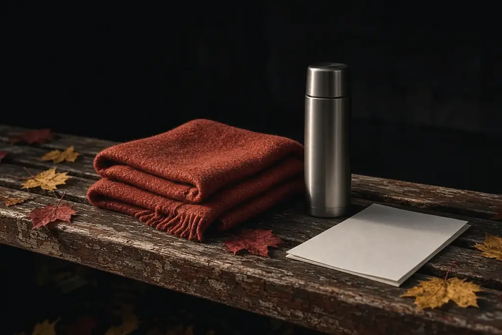 A wool scarf, a thermos and a folded paper train schedule on a wooden bench, packed for a day of fall foliage near NYC