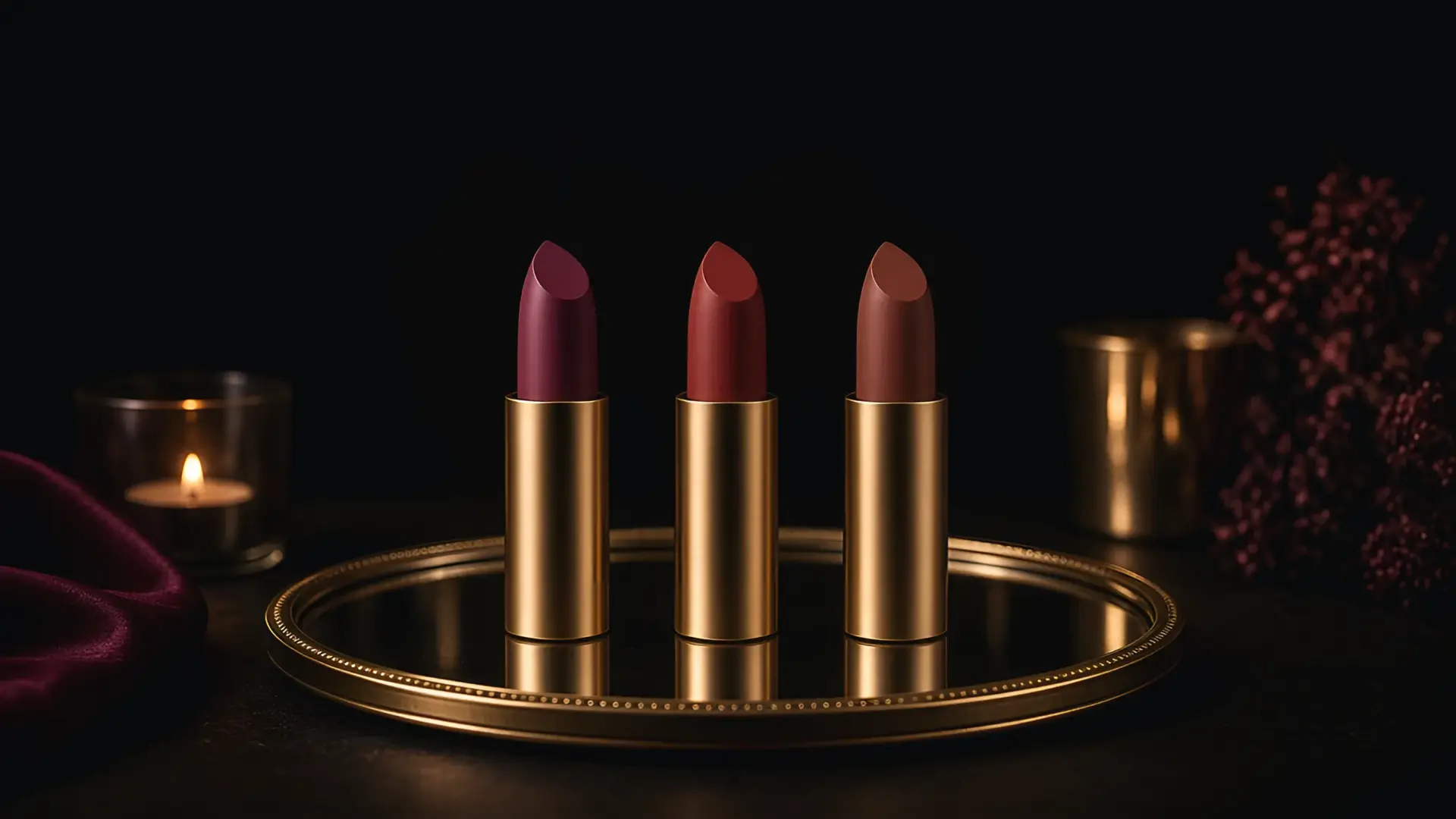 Three unbranded lipstick bullets in berry, brick and brown standing on a mirrored tray, an illustration of fall lipstick shades