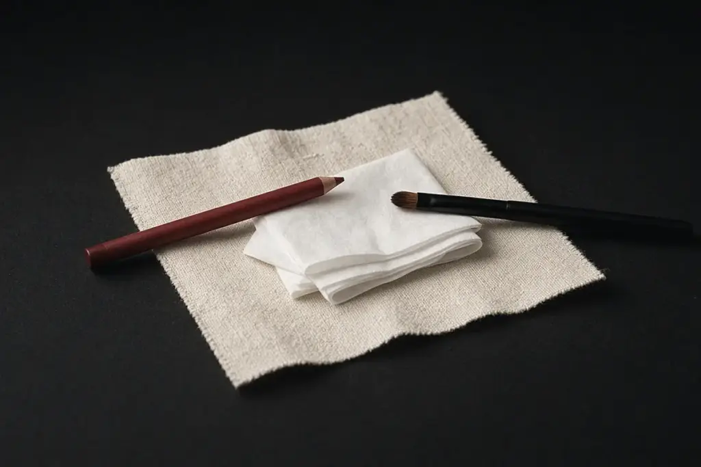 An unbranded lip liner pencil, a folded tissue and a small lip brush laid out on cream linen, tools for wearing fall lipstick shades