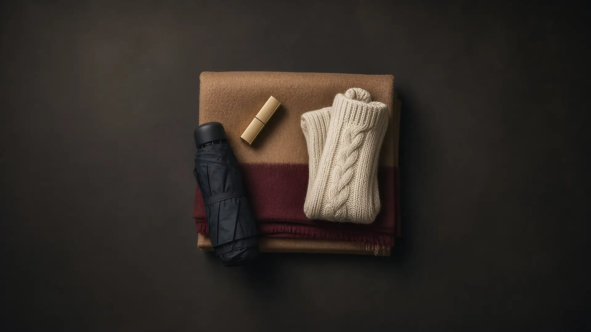 Illustration of a fall shopping list flat lay: a folded scarf, a lipstick, wool socks and a compact umbrella on kraft paper