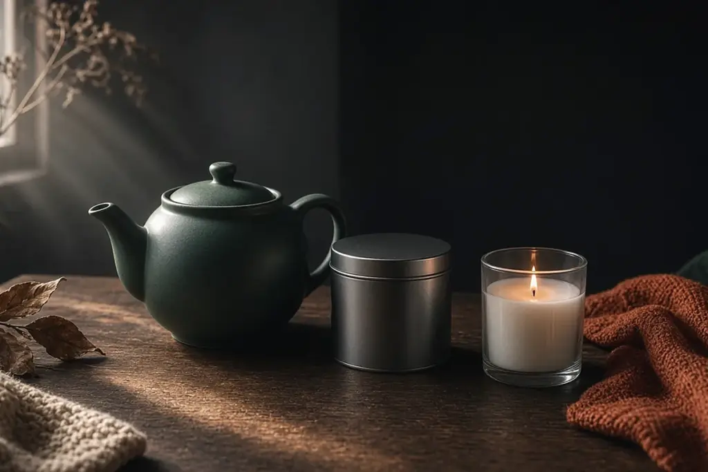An unbranded teapot, a plain round tea tin and a white candle on a wooden table, the home section of a fall shopping list