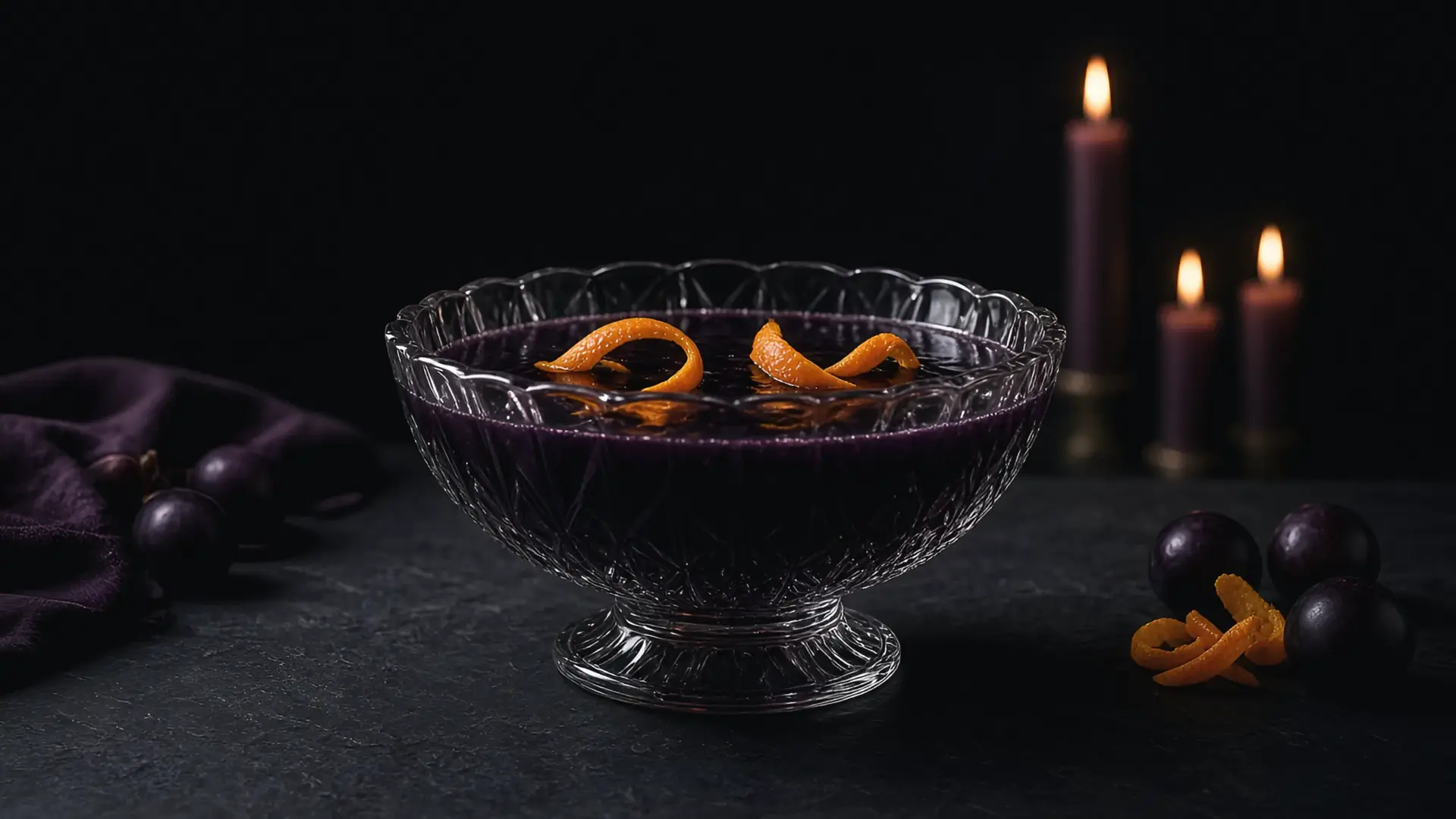 Illustration of a punch bowl of dark liquid with floating orange peel on a slate table, for a guide to Halloween cocktails