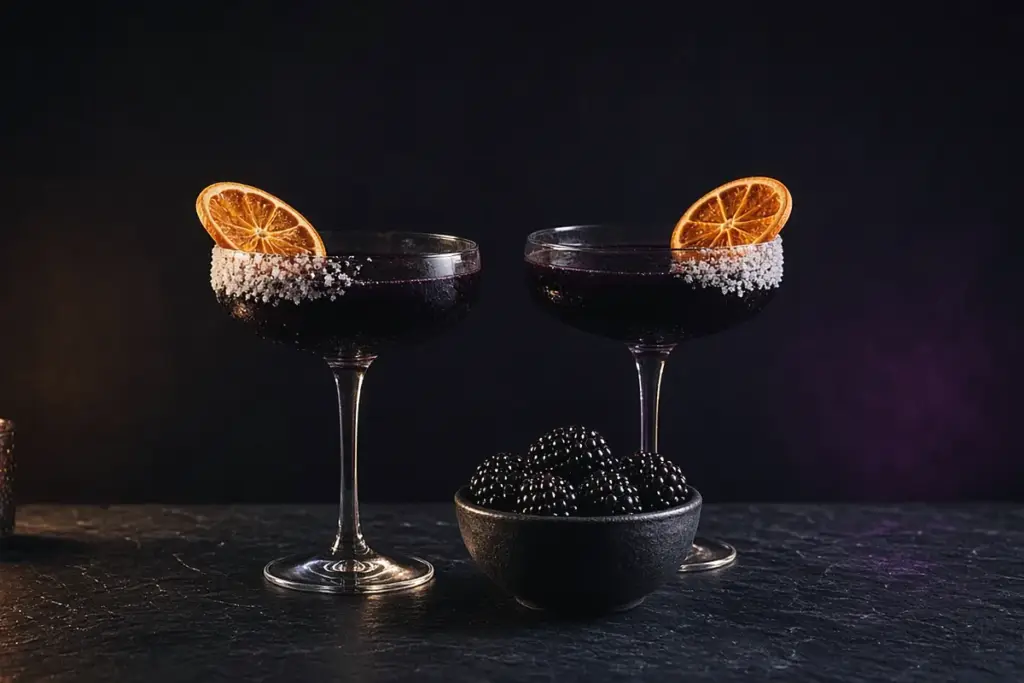 Illustration of black margaritas with salted rims and blackberries, one of three Halloween cocktails