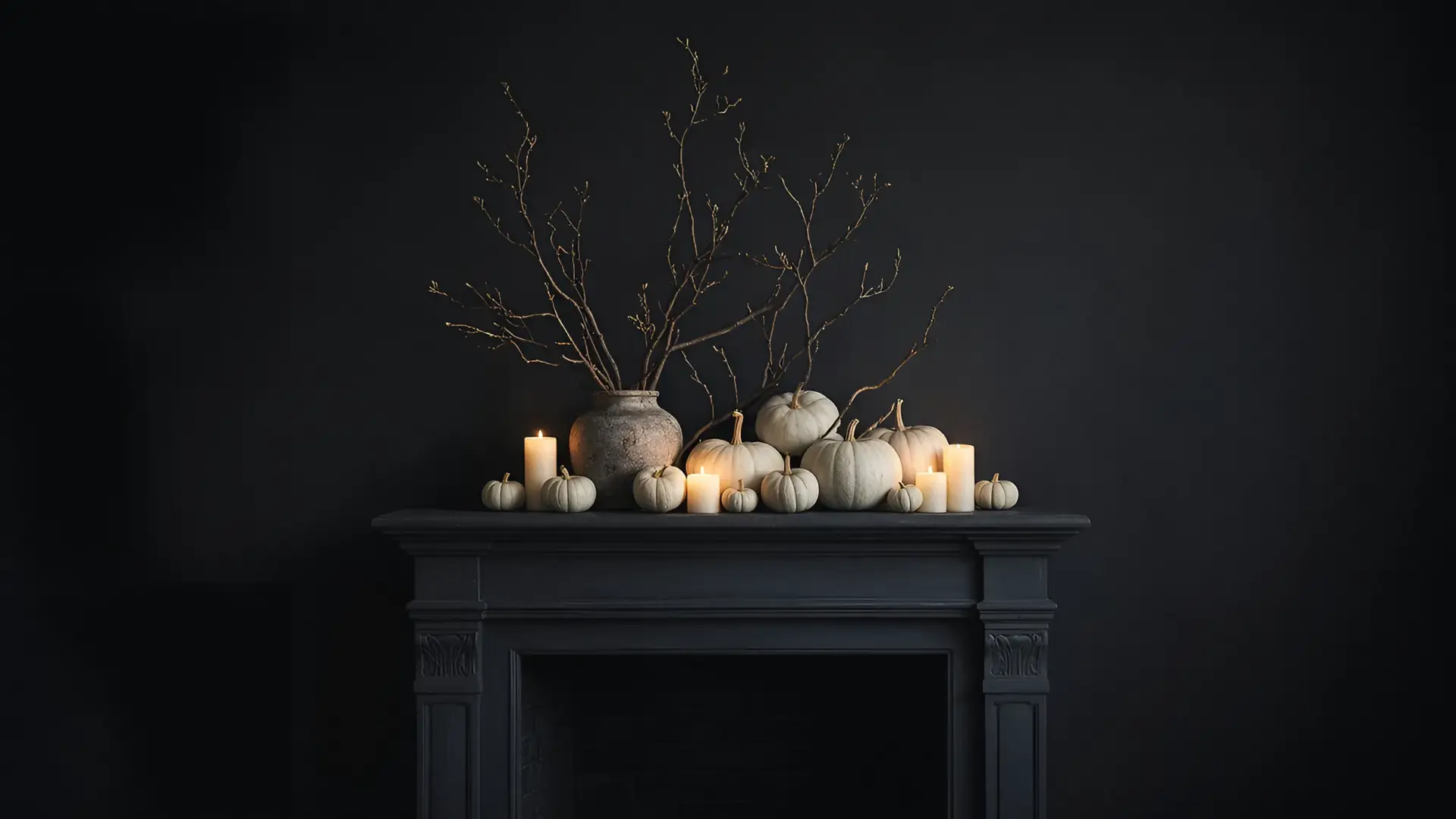 Illustration of Halloween decor ideas on a mantel: white pumpkins, bare branches and battery candles against a dark wall