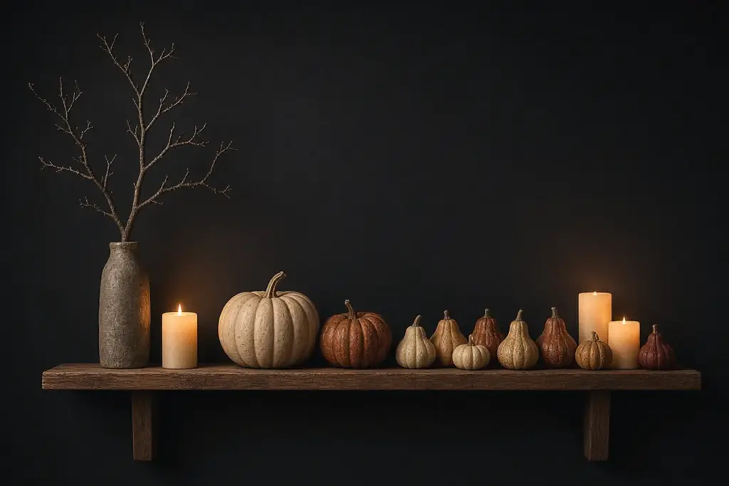 Halloween decor ideas arranged by height: a tall branch, two mid-size pumpkins and a row of small gourds on a wooden shelf