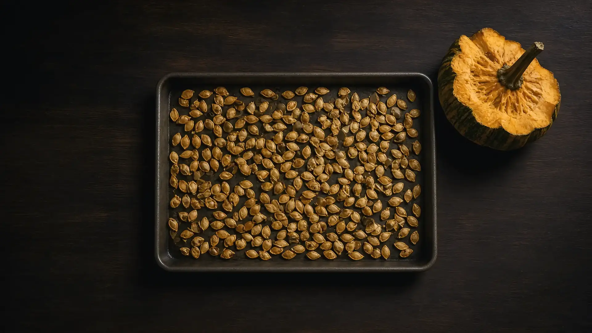 Illustration of a sheet pan of golden pumpkin seeds beside a carved pumpkin lid, seen from above, for a guide on how to roast pumpkin seeds