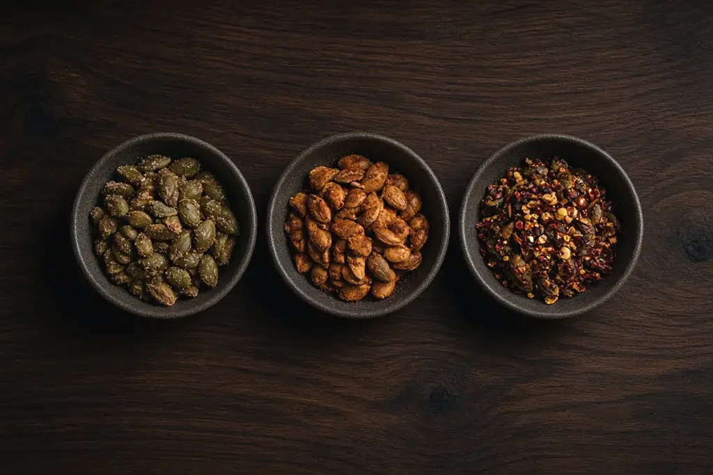 Illustration of three bowls of seasoned seeds, showing how to roast pumpkin seeds with different flavors