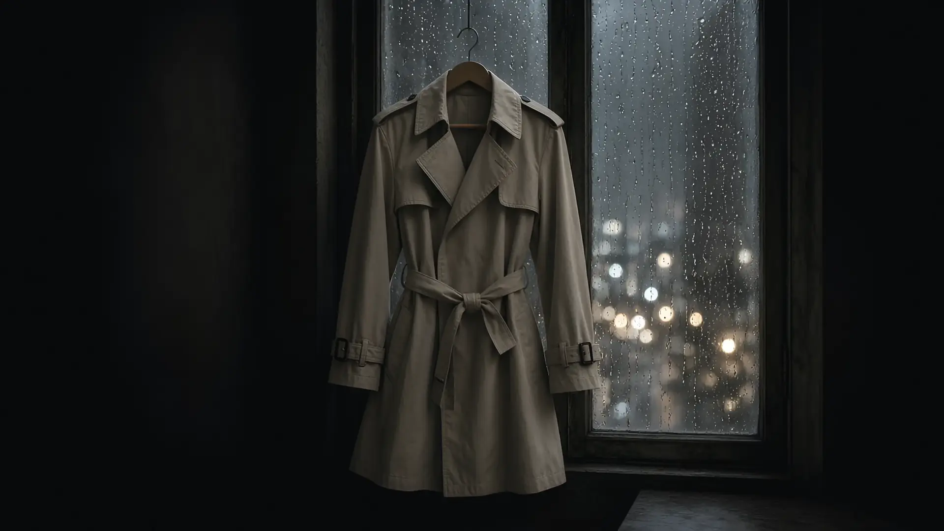 Illustration of a khaki trench on a wooden hanger with its belt loosely knotted before a rain-streaked window, for a guide on how to style a trench coat