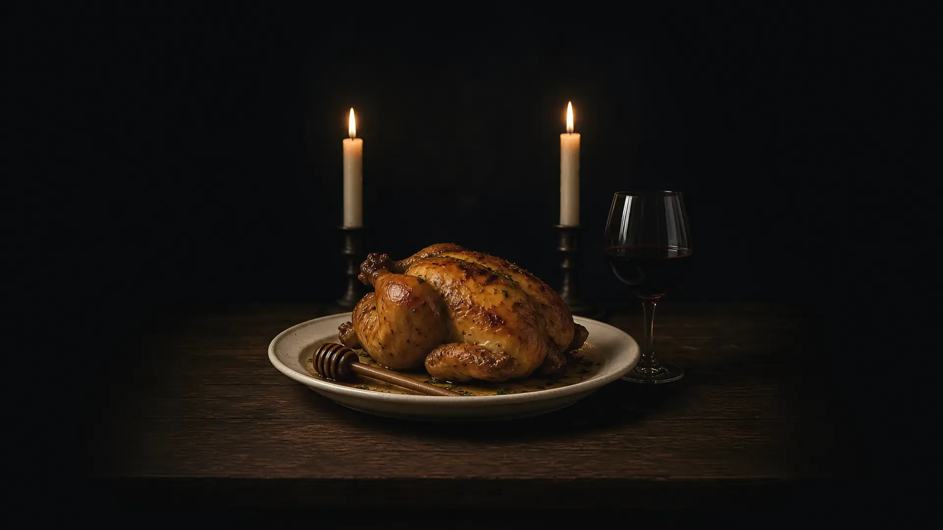 A roast chicken for two on an oval platter with a honey dipper and a wine glass by candlelight, for Humm restaurant