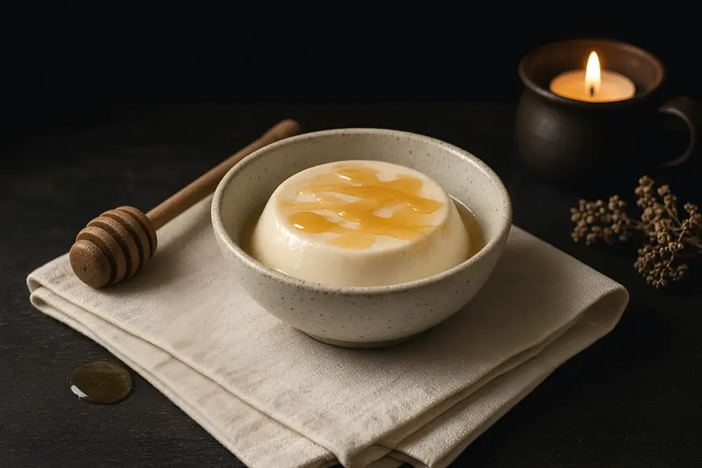 A small bowl of pale dessert drizzled with honey on a linen napkin, a nod to the Humm restaurant menu