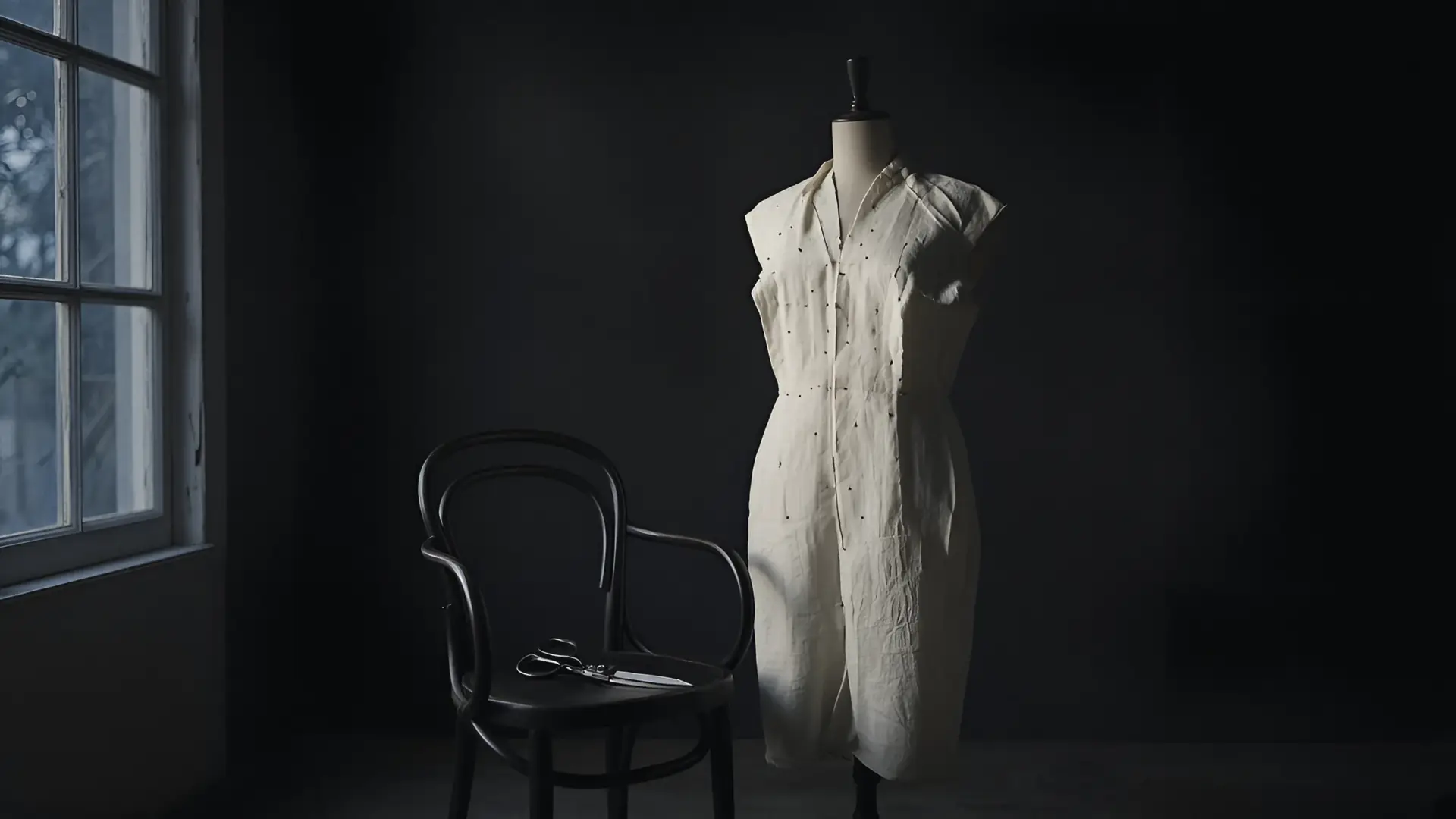 Illustration of an empty atelier chair before a pinned toile on a dress form, for a profile of the Matthieu Blazy Chanel era