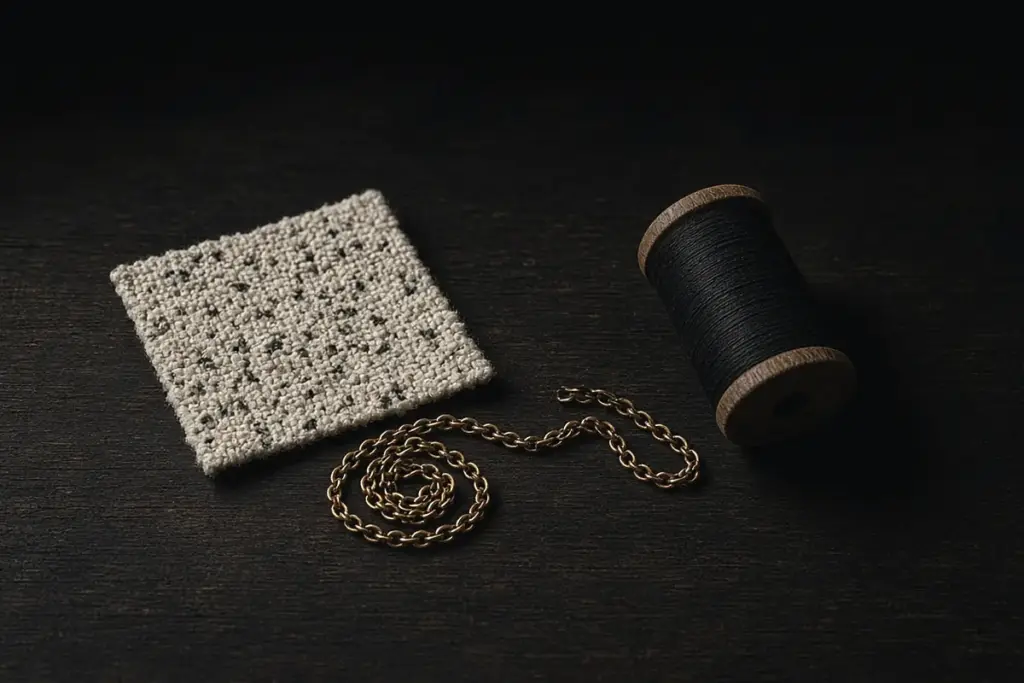 Illustration of tweed, a chain strap and thread on a cutting table, evoking the Matthieu Blazy Chanel atelier