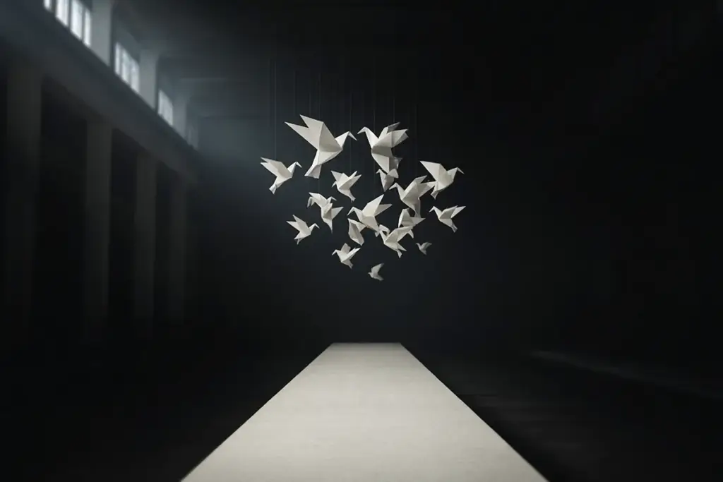 Illustration of paper birds suspended over an empty runway, recalling the Matthieu Blazy Chanel spring 2027 set