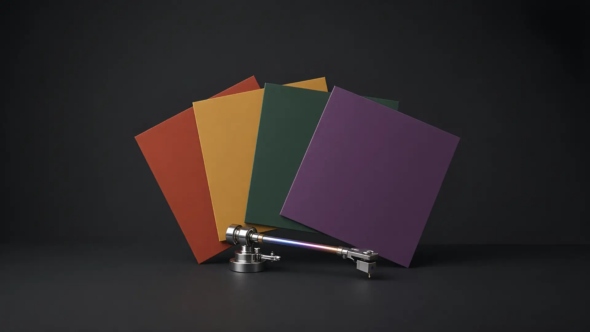 New albums October 2026 illustration of a fanned stack of solid-color vinyl sleeves with a needle arm in front