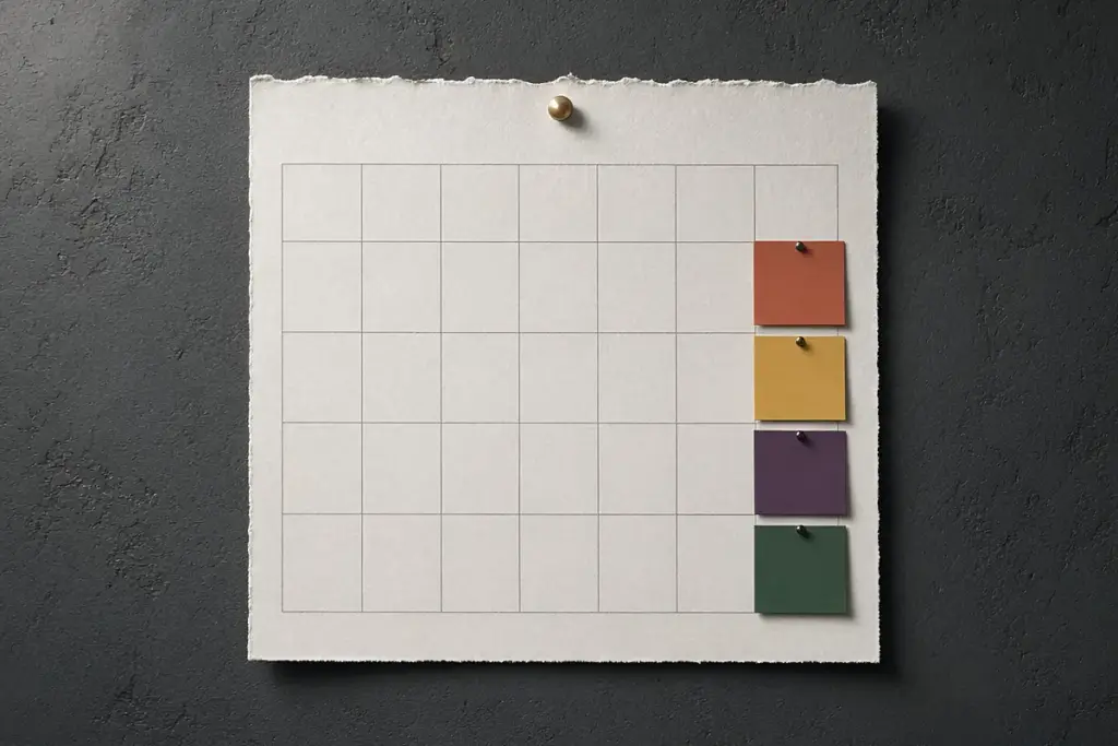 A blank wall calendar grid with four solid-color record sleeves pinned down one column
