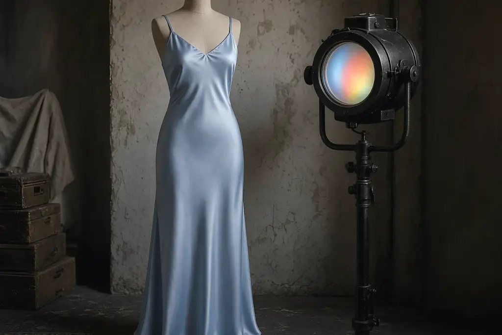 A pale blue satin gown on a dress form beside a vintage studio light