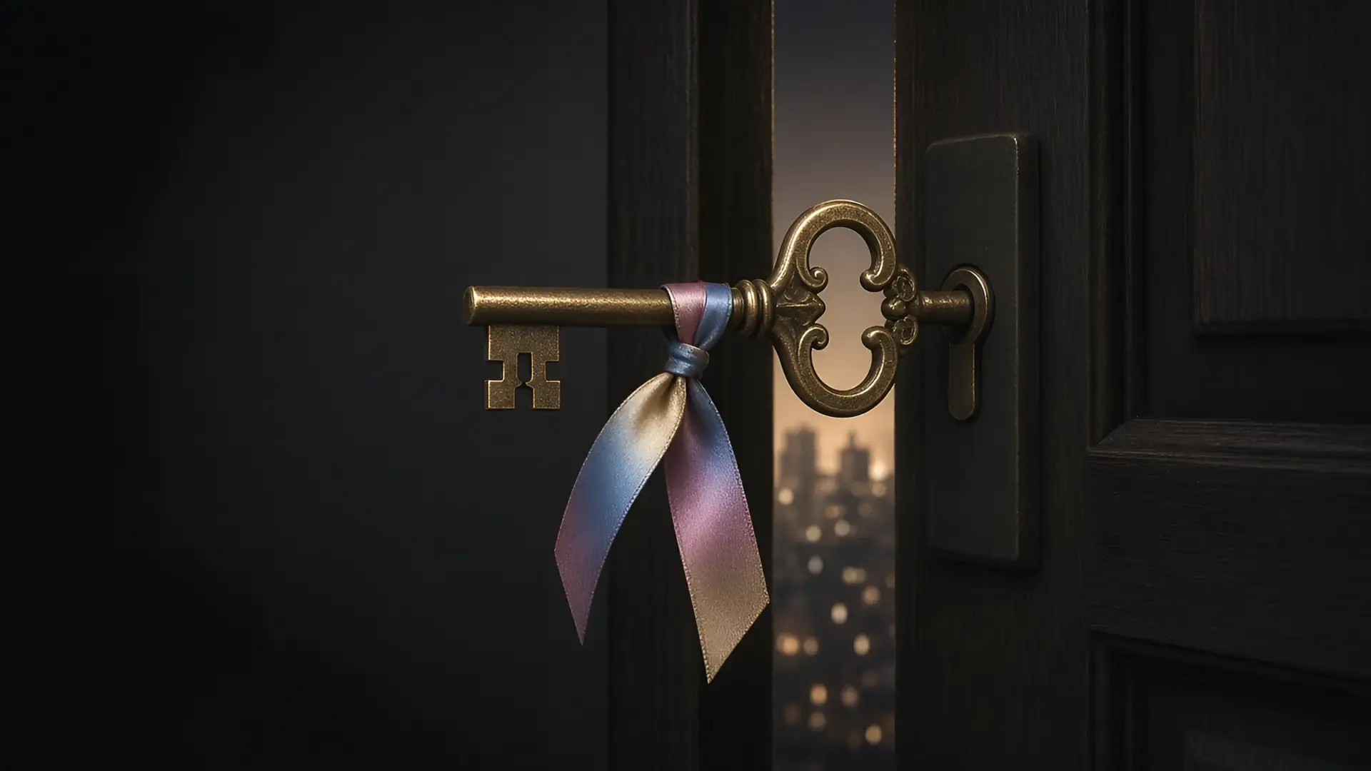 Open House New York illustration of an oversized brass key in a half-open door with a city skyline behind it