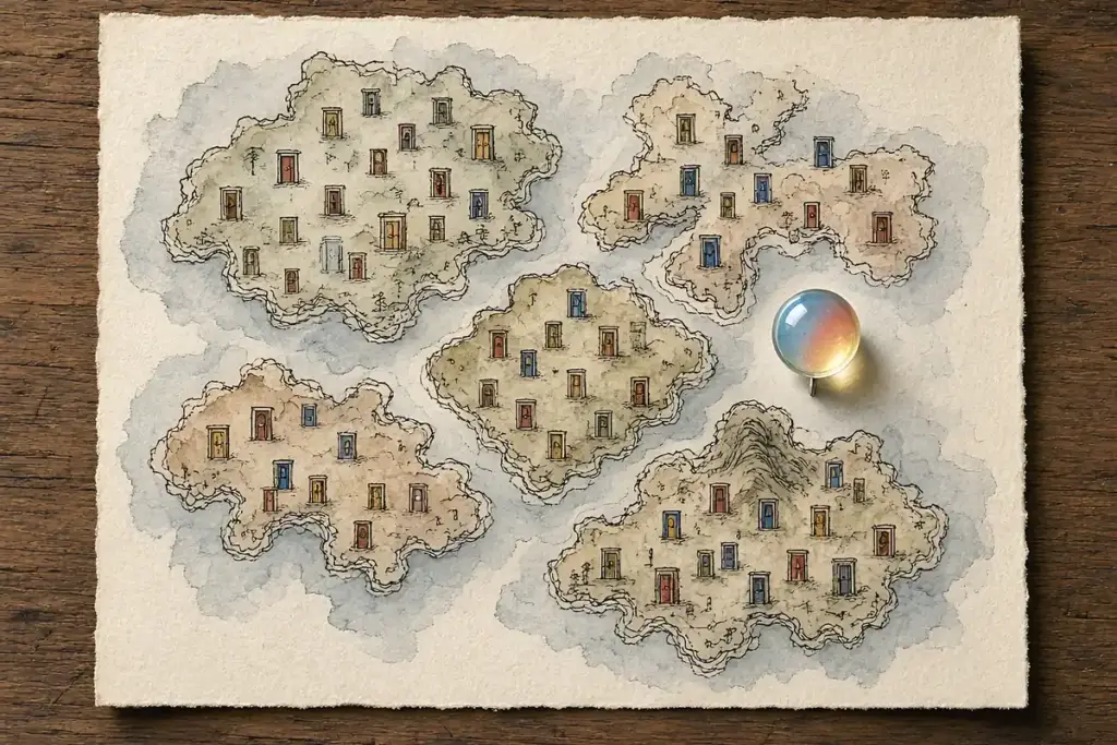 A hand-drawn watercolor map of five stylized boroughs dotted with small doors marking festival sites