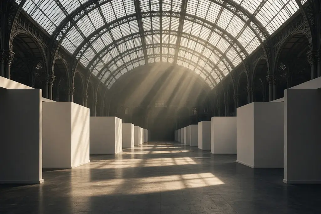 Illustration of a glass-and-iron roof over empty fair booths, evoking the Grand Palais during Paris Art Week