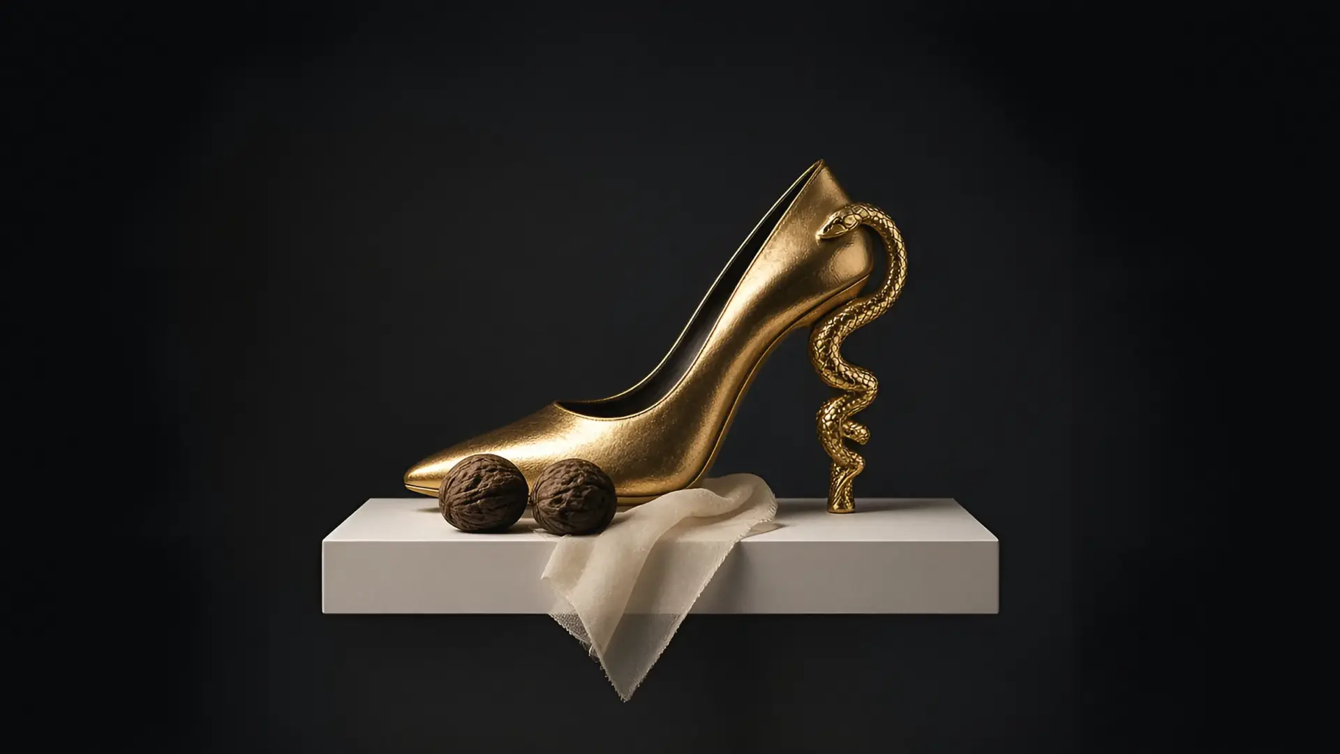 Illustration for Paris Fashion Week spring 2027: two polished walnuts on a white plinth beside a gold sculptural heel and a sheer organza swatch